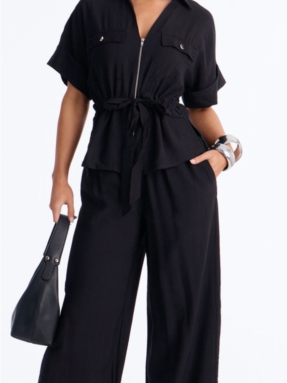Fashion Nova Black Wide-Leg Jumpsuit with Front Zip and Waist Tie